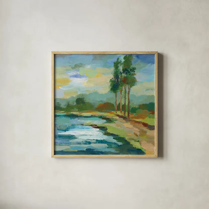 Early Spring Landscape II by Silvia Vassileva. Shown in a natural wood glass frame for a timeless modern aesthetic. Available as an archival giclee rolled canvas, fine art paper, or poster print. SKU 28661a.
