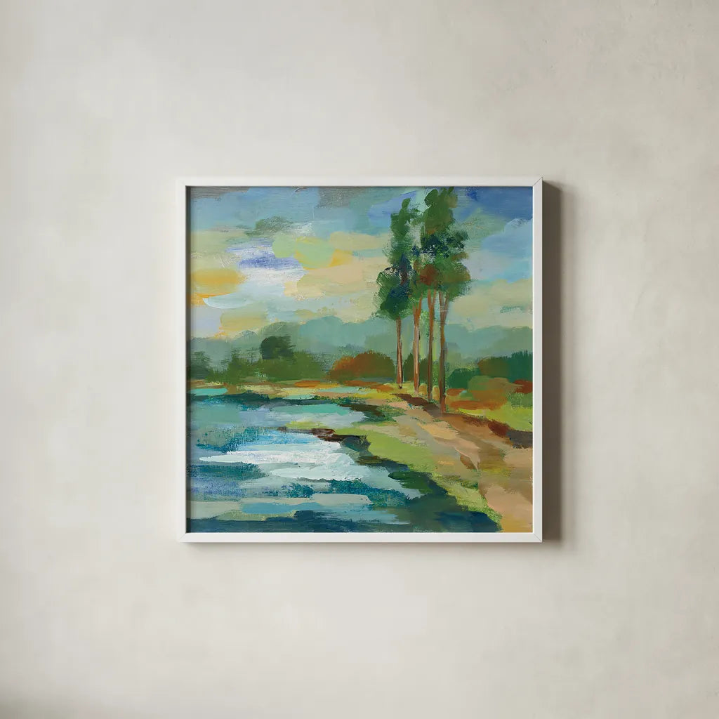 Early Spring Landscape II by Silvia Vassileva. Shown in a crisp white glass frame for a clean and minimalist style. Available as an archival giclee rolled canvas, fine art paper, or poster print. SKU 28661a.