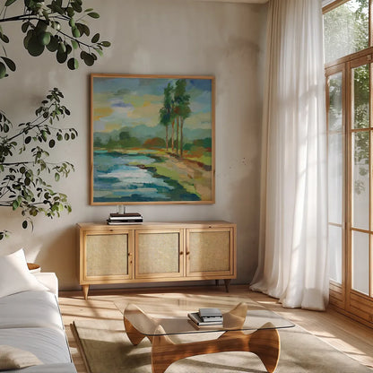Early Spring Landscape II by Silvia Vassileva. Shown in a natural wood frame in a cozy modern living room. Available as an archival giclee rolled canvas, fine art paper, or poster print. SKU 28661a.