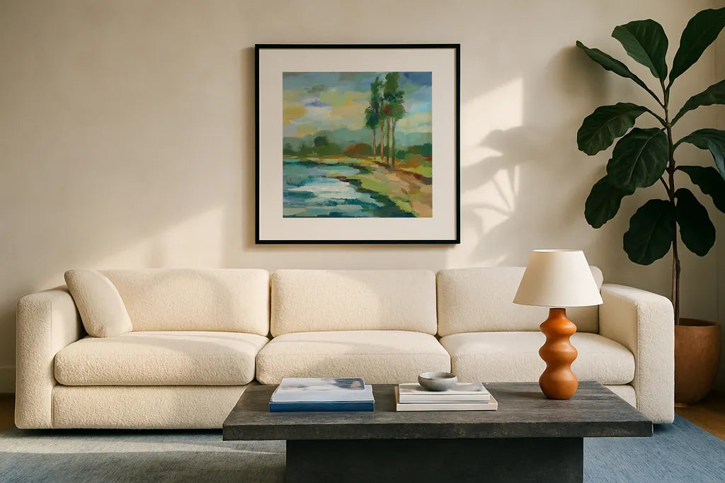Early Spring Landscape II by Silvia Vassileva. Displayed in a glass frame with matte in a clean modern living room. Available as an archival giclee rolled canvas, fine art paper, or poster print. SKU 28661a.