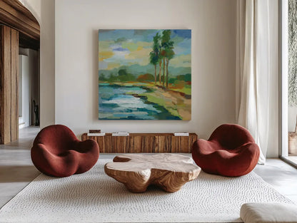 Early Spring Landscape II by Silvia Vassileva. Shown as extra-large giant wall art in a modern living room. Available as an archival giclee rolled canvas, fine art paper, or poster print. SKU 28661a.