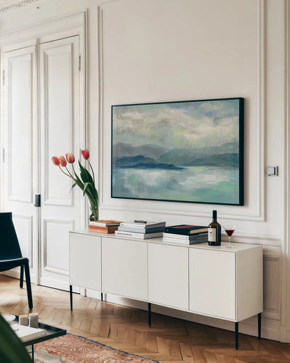 Early Sunrise by Silvia Vassileva. shown as a framed stretched canvas in a living room above a console. Available as a archival giclee rolled canvas, fine art paper, or poster print. SKU 46914i.