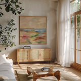 Earth Day I by Silvia Vassileva. Shown in a natural wood frame in a cozy modern living room. Available as an archival giclee rolled canvas, fine art paper, or poster print. SKU 93585a.