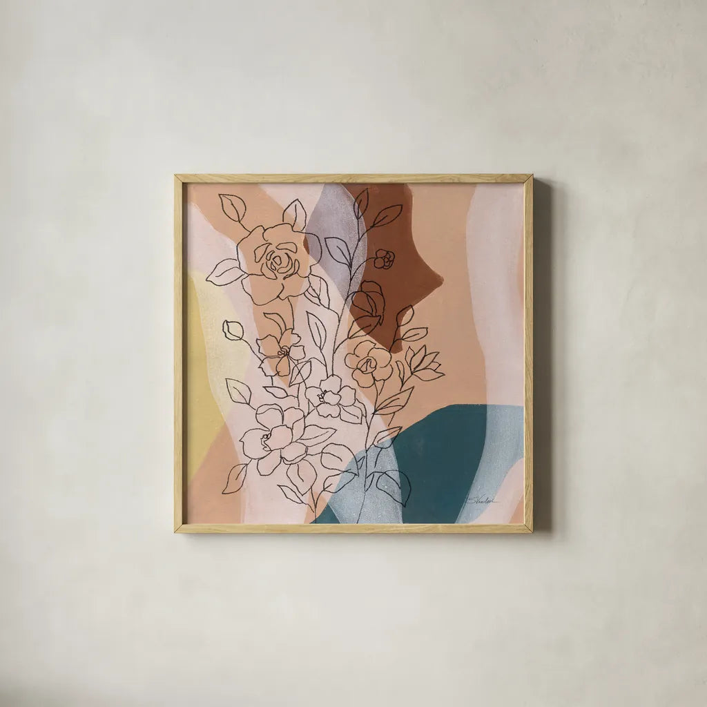 Earthy Boho Lace I by Silvia Vassileva. Shown in a natural wood glass frame for a timeless modern aesthetic. Available as an archival giclee rolled canvas, fine art paper, or poster print. SKU 77105a.