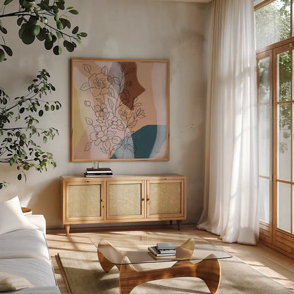 Earthy Boho Lace I by Silvia Vassileva. Shown in a natural wood frame in a cozy modern living room. Available as an archival giclee rolled canvas, fine art paper, or poster print. SKU 77105a.