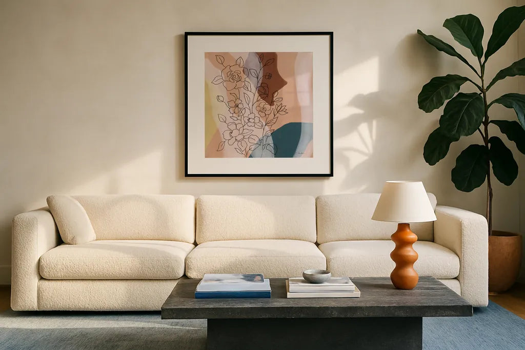 Earthy Boho Lace I by Silvia Vassileva. Displayed in a glass frame with matte in a clean modern living room. Available as an archival giclee rolled canvas, fine art paper, or poster print. SKU 77105a.