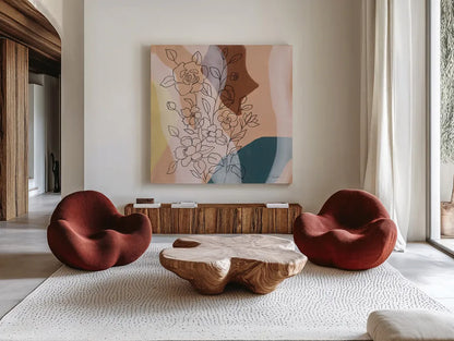Earthy Boho Lace I by Silvia Vassileva. Shown as extra-large giant wall art in a modern living room. Available as an archival giclee rolled canvas, fine art paper, or poster print. SKU 77105a.