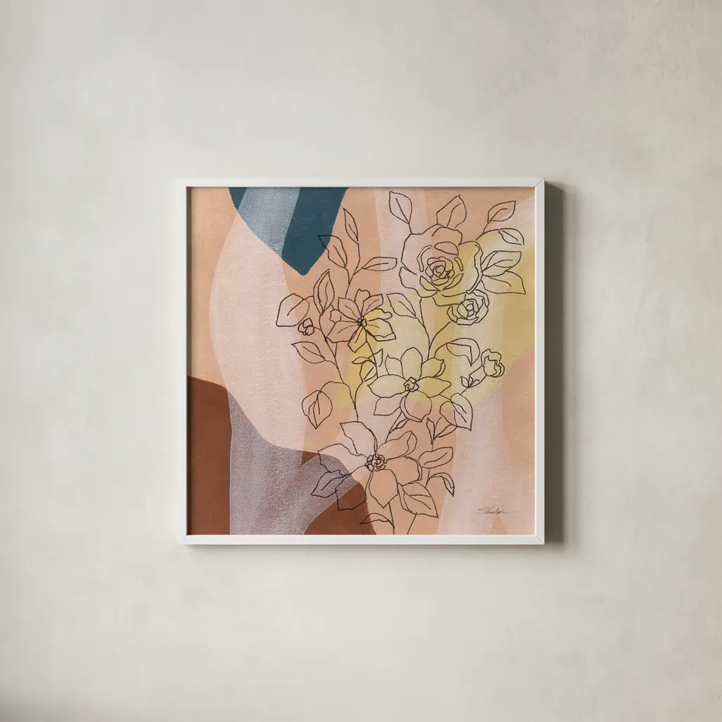 Earthy Boho Lace II by Silvia Vassileva. Shown in a crisp white glass frame for a clean and minimalist style. Available as an archival giclee rolled canvas, fine art paper, or poster print. SKU 77106a.