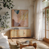 Earthy Boho Lace II by Silvia Vassileva. Shown in a natural wood frame in a cozy modern living room. Available as an archival giclee rolled canvas, fine art paper, or poster print. SKU 77106a.