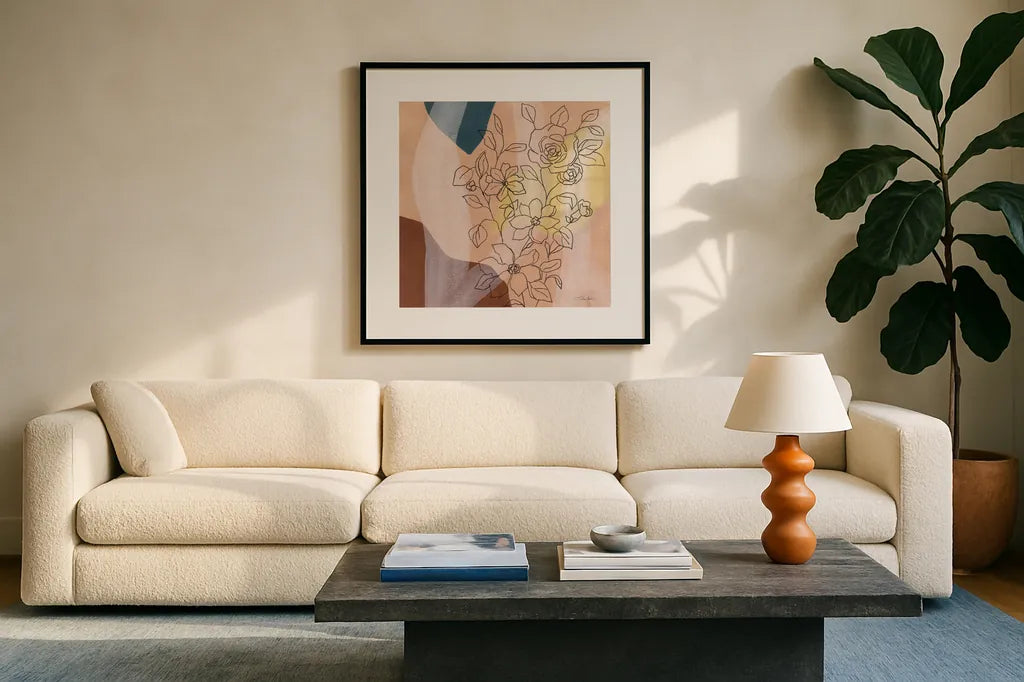 Earthy Boho Lace II by Silvia Vassileva. Displayed in a glass frame with matte in a clean modern living room. Available as an archival giclee rolled canvas, fine art paper, or poster print. SKU 77106a.