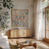 Eden Breeze by Silvia Vassileva. Shown in a natural wood frame in a cozy modern living room. Available as an archival giclee rolled canvas, fine art paper, or poster print. SKU 72298a.