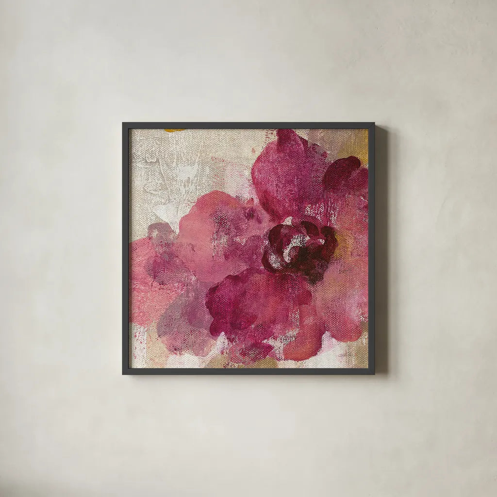 Elegant Fresco Floral Gold Flower I by Silvia Vassileva. Shown in a sleek black glass frame for a contemporary gallery look. Available as an archival giclee rolled canvas, fine art paper, or poster print. SKU 25681a.