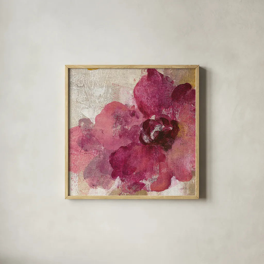 Elegant Fresco Floral Gold Flower I by Silvia Vassileva. Shown in a natural wood glass frame for a timeless modern aesthetic. Available as an archival giclee rolled canvas, fine art paper, or poster print. SKU 25681a.