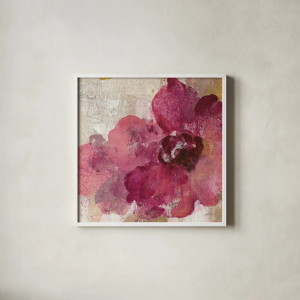 Elegant Fresco Floral Gold Flower I by Silvia Vassileva. Shown in a crisp white glass frame for a clean and minimalist style. Available as an archival giclee rolled canvas, fine art paper, or poster print. SKU 25681a.