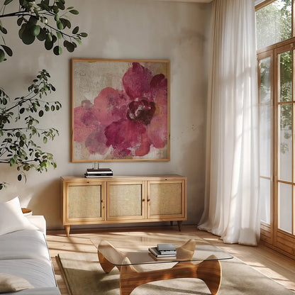 Elegant Fresco Floral Gold Flower I by Silvia Vassileva. Shown in a natural wood frame in a cozy modern living room. Available as an archival giclee rolled canvas, fine art paper, or poster print. SKU 25681a.