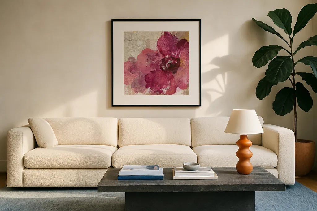 Elegant Fresco Floral Gold Flower I by Silvia Vassileva. Displayed in a glass frame with matte in a clean modern living room. Available as an archival giclee rolled canvas, fine art paper, or poster print. SKU 25681a.