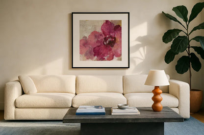 Elegant Fresco Floral Gold Flower I by Silvia Vassileva. Displayed in a glass frame with matte in a clean modern living room. Available as an archival giclee rolled canvas, fine art paper, or poster print. SKU 25681a.