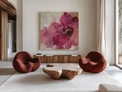 Elegant Fresco Floral Gold Flower I by Silvia Vassileva. Shown as extra-large giant wall art in a modern living room. Available as an archival giclee rolled canvas, fine art paper, or poster print. SKU 25681a.