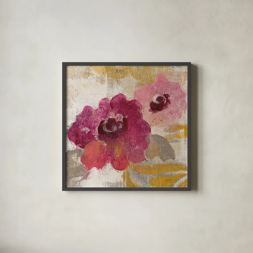 Elegant Fresco Floral Gold Flower II by Silvia Vassileva. Shown in a sleek black glass frame for a contemporary gallery look. Available as an archival giclee rolled canvas, fine art paper, or poster print. SKU 25682a.