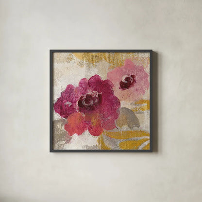 Elegant Fresco Floral Gold Flower II by Silvia Vassileva. Shown in a sleek black glass frame for a contemporary gallery look. Available as an archival giclee rolled canvas, fine art paper, or poster print. SKU 25682a.