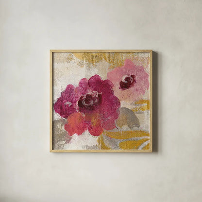 Elegant Fresco Floral Gold Flower II by Silvia Vassileva. Shown in a natural wood glass frame for a timeless modern aesthetic. Available as an archival giclee rolled canvas, fine art paper, or poster print. SKU 25682a.