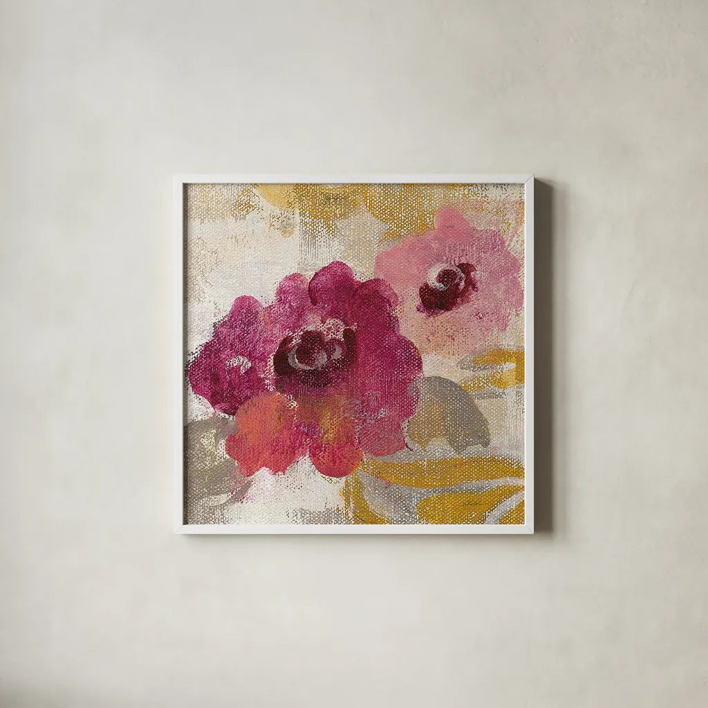 Elegant Fresco Floral Gold Flower II by Silvia Vassileva. Shown in a crisp white glass frame for a clean and minimalist style. Available as an archival giclee rolled canvas, fine art paper, or poster print. SKU 25682a.