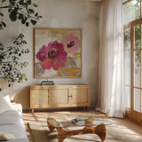 Elegant Fresco Floral Gold Flower II by Silvia Vassileva. Shown in a natural wood frame in a cozy modern living room. Available as an archival giclee rolled canvas, fine art paper, or poster print. SKU 25682a.