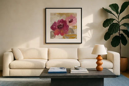 Elegant Fresco Floral Gold Flower II by Silvia Vassileva. Displayed in a glass frame with matte in a clean modern living room. Available as an archival giclee rolled canvas, fine art paper, or poster print. SKU 25682a.
