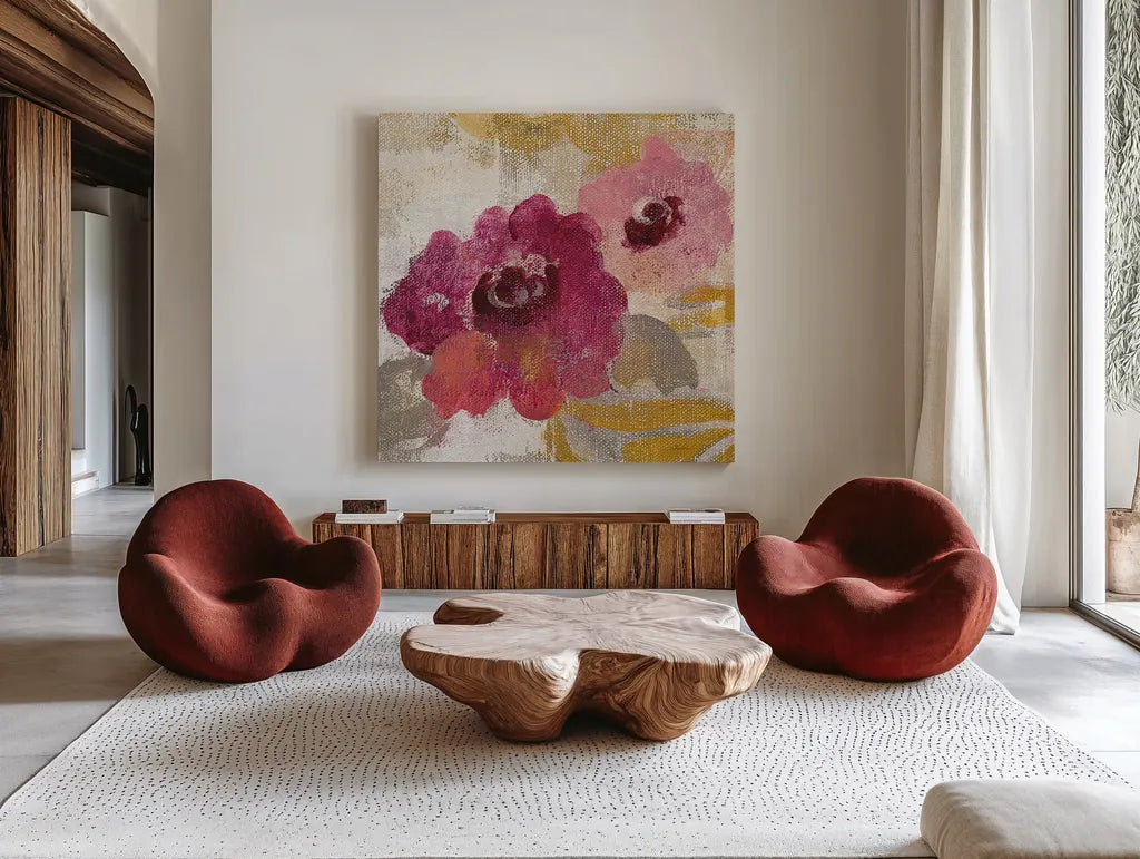 Elegant Fresco Floral Gold Flower II by Silvia Vassileva. Shown as extra-large giant wall art in a modern living room. Available as an archival giclee rolled canvas, fine art paper, or poster print. SKU 25682a.