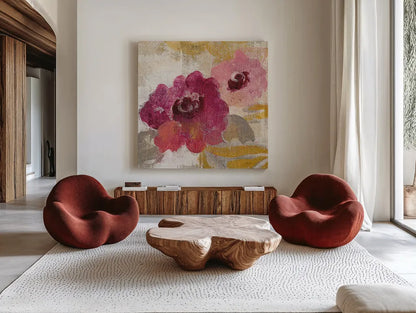 Elegant Fresco Floral Gold Flower II by Silvia Vassileva. Shown as extra-large giant wall art in a modern living room. Available as an archival giclee rolled canvas, fine art paper, or poster print. SKU 25682a.