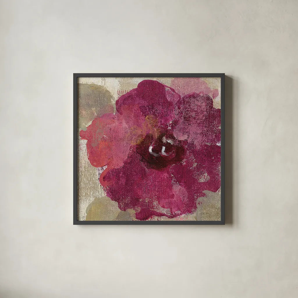 Elegant Fresco Floral Gold Flower III by Silvia Vassileva. Shown in a sleek black glass frame for a contemporary gallery look. Available as an archival giclee rolled canvas, fine art paper, or poster print. SKU 25683a.