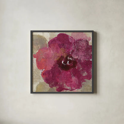 Elegant Fresco Floral Gold Flower III by Silvia Vassileva. Shown in a sleek black glass frame for a contemporary gallery look. Available as an archival giclee rolled canvas, fine art paper, or poster print. SKU 25683a.