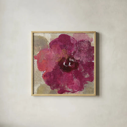 Elegant Fresco Floral Gold Flower III by Silvia Vassileva. Shown in a natural wood glass frame for a timeless modern aesthetic. Available as an archival giclee rolled canvas, fine art paper, or poster print. SKU 25683a.