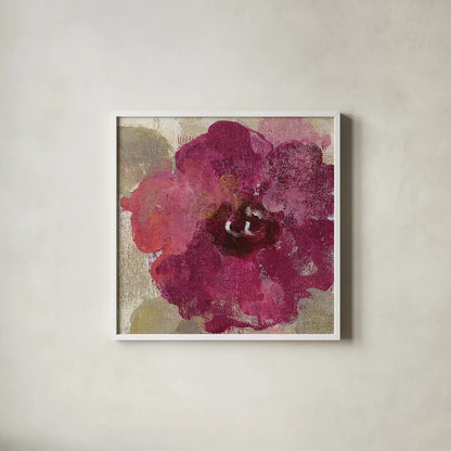 Elegant Fresco Floral Gold Flower III by Silvia Vassileva. Shown in a crisp white glass frame for a clean and minimalist style. Available as an archival giclee rolled canvas, fine art paper, or poster print. SKU 25683a.
