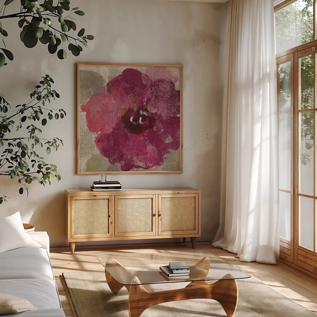 Elegant Fresco Floral Gold Flower III by Silvia Vassileva. Shown in a natural wood frame in a cozy modern living room. Available as an archival giclee rolled canvas, fine art paper, or poster print. SKU 25683a.