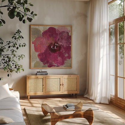 Elegant Fresco Floral Gold Flower III by Silvia Vassileva. Shown in a natural wood frame in a cozy modern living room. Available as an archival giclee rolled canvas, fine art paper, or poster print. SKU 25683a.