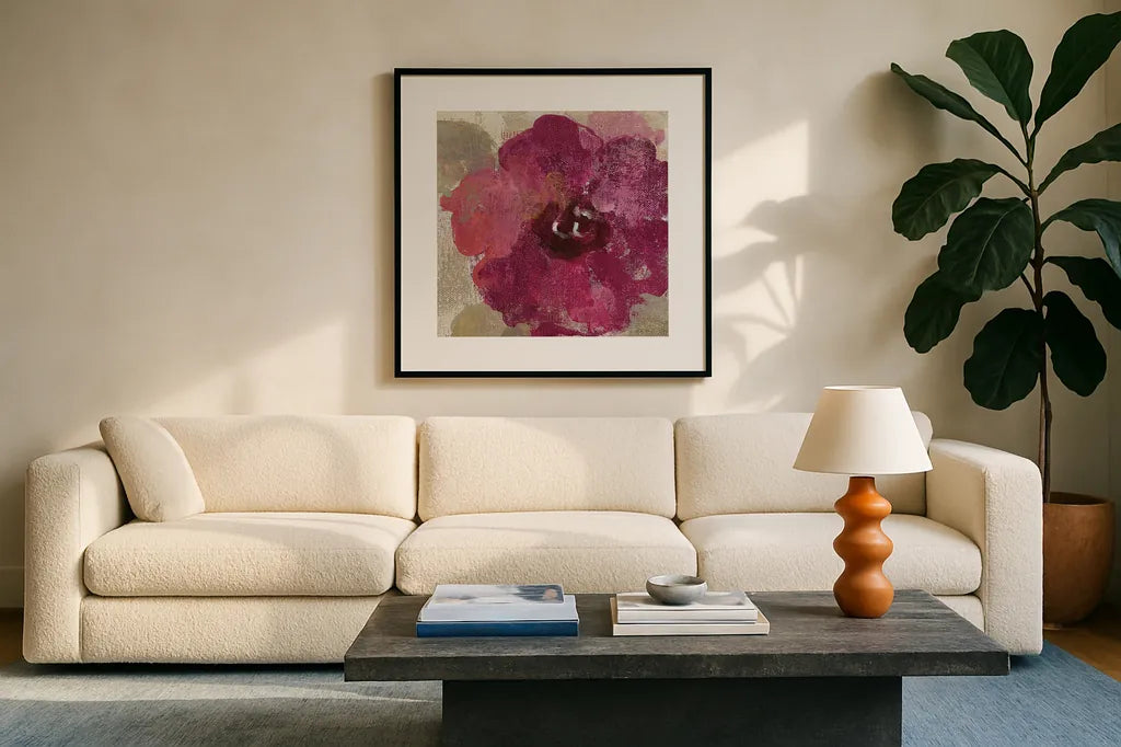 Elegant Fresco Floral Gold Flower III by Silvia Vassileva. Displayed in a glass frame with matte in a clean modern living room. Available as an archival giclee rolled canvas, fine art paper, or poster print. SKU 25683a.