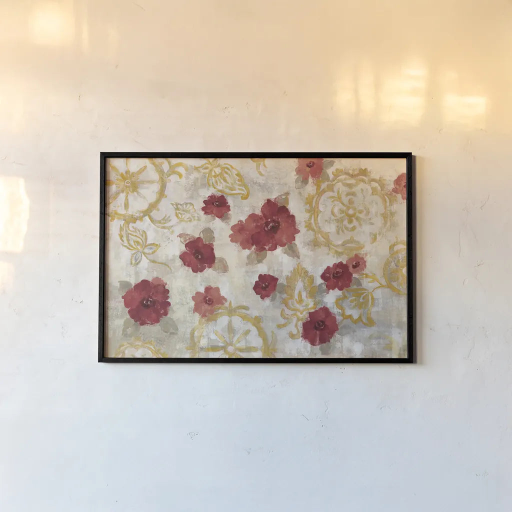 Elegant Fresco Red Gold by Silvia Vassileva. shown as a paper print in a black flame. Available as a archival giclee rolled canvas, fine art paper, or poster print. SKU 55988i.