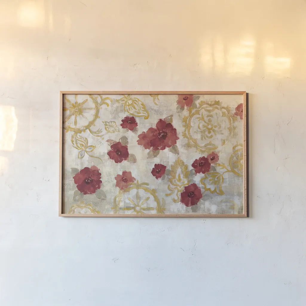 Elegant Fresco Red Gold by Silvia Vassileva. shown as a paper print in a natural frame. Available as a archival giclee rolled canvas, fine art paper, or poster print. SKU 55988i.