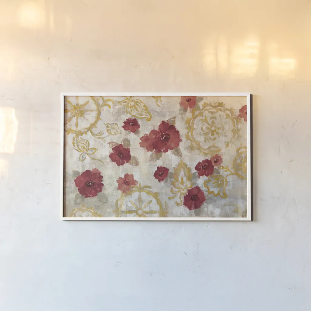 Elegant Fresco Red Gold by Silvia Vassileva. shown as a paper print in a white frame. Available as a archival giclee rolled canvas, fine art paper, or poster print. SKU 55988i.