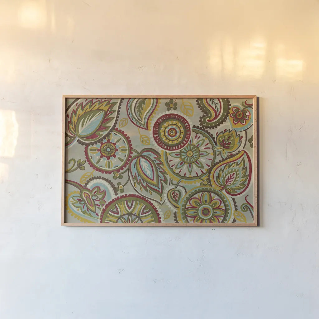 Elegant Mandalas Dark Green by Silvia Vassileva. shown as a paper print in a natural frame. Available as a archival giclee rolled canvas, fine art paper, or poster print. SKU 30625i.