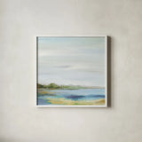 Emerald Lagoon Sq Light by Silvia Vassileva. Shown in a crisp white glass frame for a clean and minimalist style. Available as an archival giclee rolled canvas, fine art paper, or poster print. SKU 71752a.
