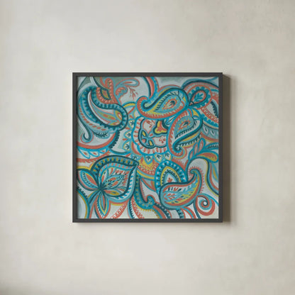 Emerald Paisley I by Silvia Vassileva. Shown in a sleek black glass frame for a contemporary gallery look. Available as an archival giclee rolled canvas, fine art paper, or poster print. SKU 64819a.