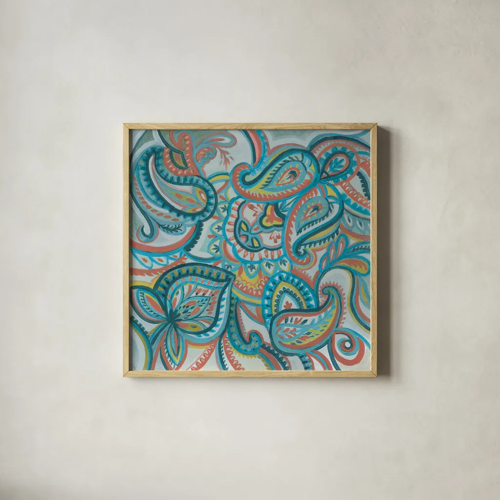 Emerald Paisley I by Silvia Vassileva. Shown in a natural wood glass frame for a timeless modern aesthetic. Available as an archival giclee rolled canvas, fine art paper, or poster print. SKU 64819a.