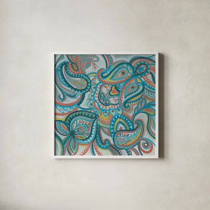 Emerald Paisley I by Silvia Vassileva. Shown in a crisp white glass frame for a clean and minimalist style. Available as an archival giclee rolled canvas, fine art paper, or poster print. SKU 64819a.