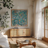 Emerald Paisley I by Silvia Vassileva. Shown in a natural wood frame in a cozy modern living room. Available as an archival giclee rolled canvas, fine art paper, or poster print. SKU 64819a.