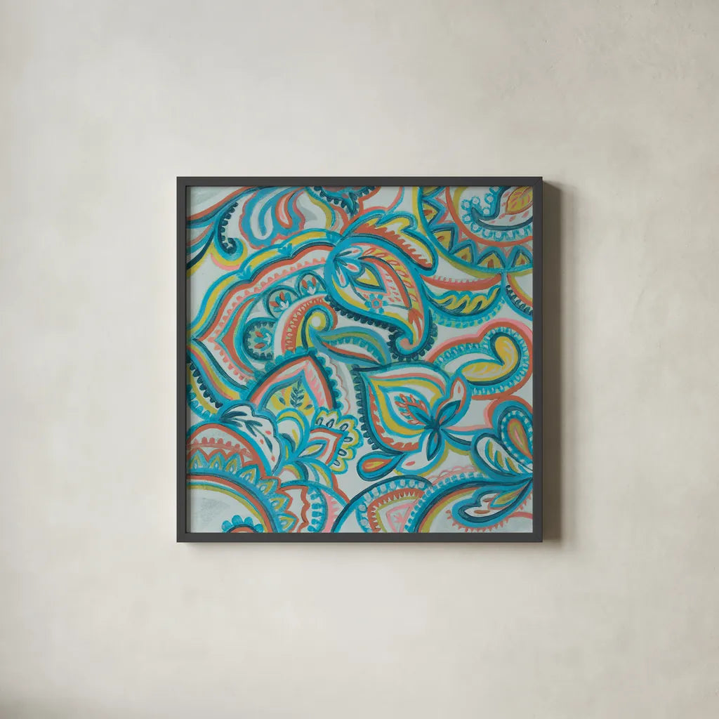 Emerald Paisley II by Silvia Vassileva. Shown in a sleek black glass frame for a contemporary gallery look. Available as an archival giclee rolled canvas, fine art paper, or poster print. SKU 64820a.