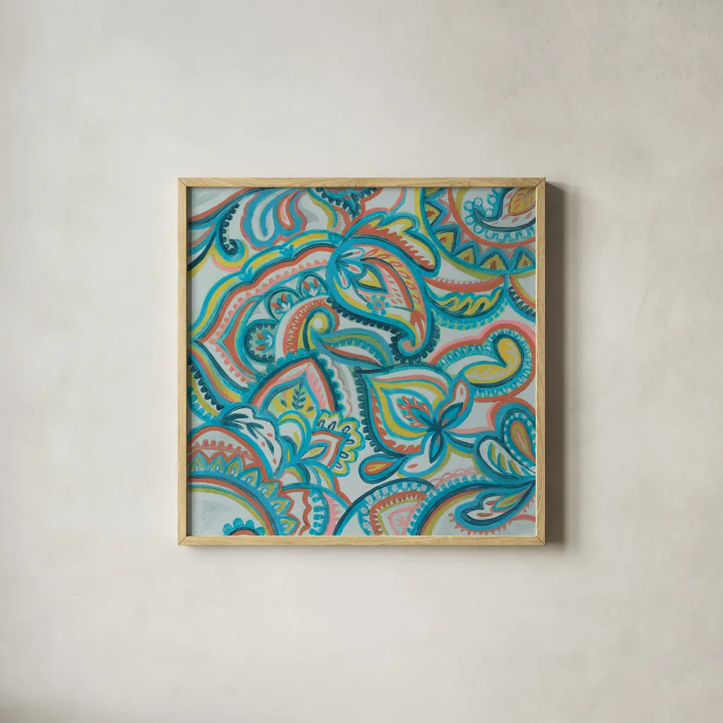 Emerald Paisley II by Silvia Vassileva. Shown in a natural wood glass frame for a timeless modern aesthetic. Available as an archival giclee rolled canvas, fine art paper, or poster print. SKU 64820a.