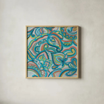 Emerald Paisley II by Silvia Vassileva. Shown in a natural wood glass frame for a timeless modern aesthetic. Available as an archival giclee rolled canvas, fine art paper, or poster print. SKU 64820a.