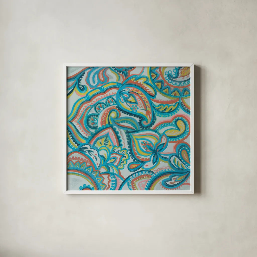 Emerald Paisley II by Silvia Vassileva. Shown in a crisp white glass frame for a clean and minimalist style. Available as an archival giclee rolled canvas, fine art paper, or poster print. SKU 64820a.